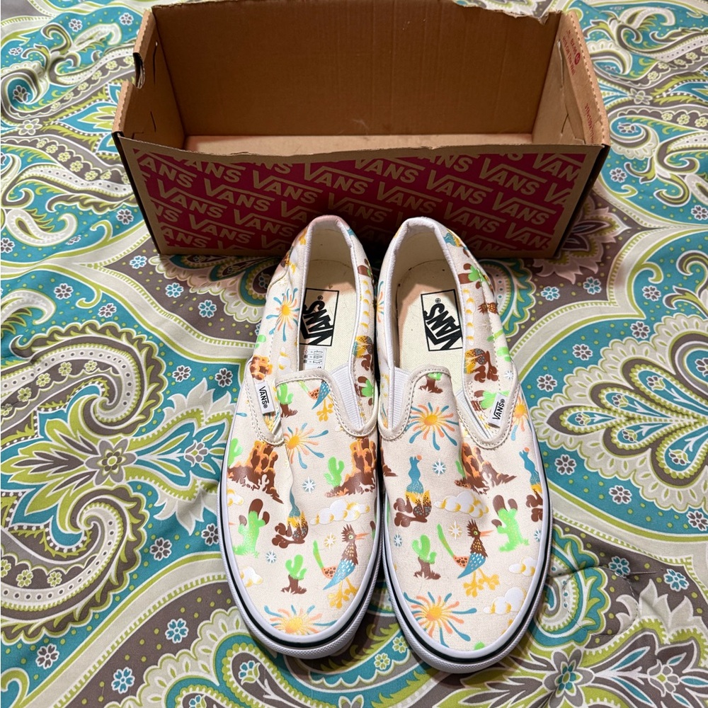 Vans Womens Slip-On Sneakers - White with Colorful Cactus Print